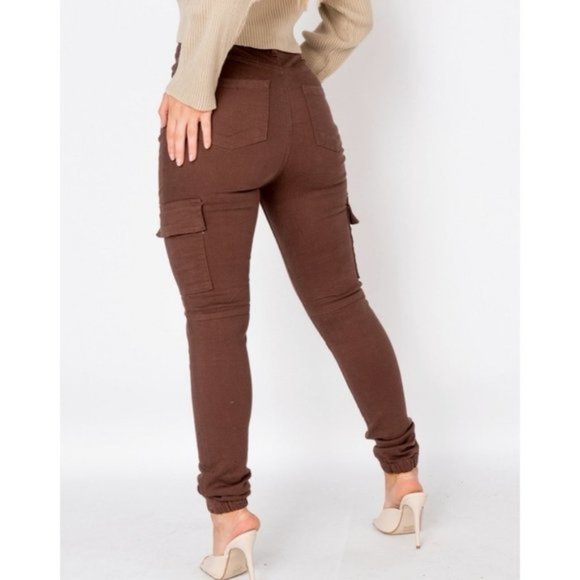 Brown High Waist Skinny Cargo Utility Denim Jeans Joggers Jogger Pants - Picture 5 of 10